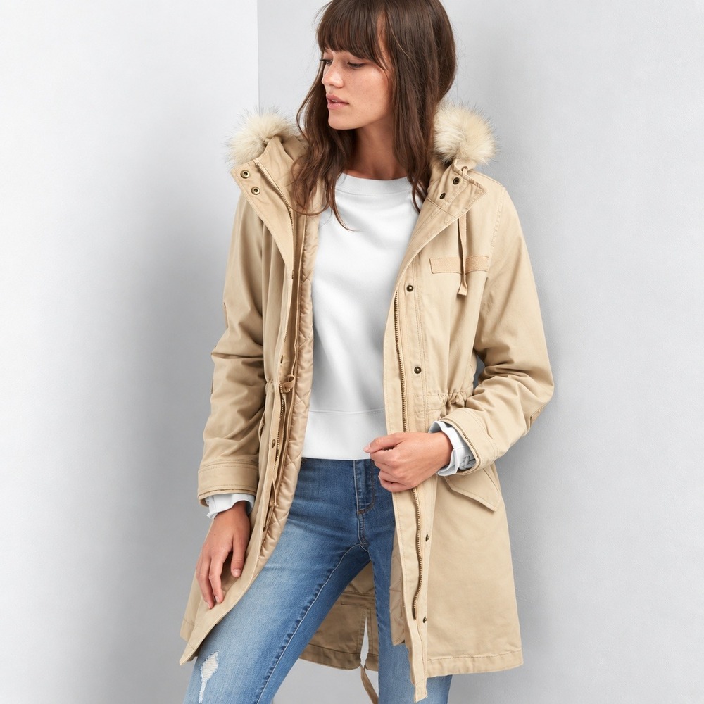 Gap 2-in-1 Quilted Parka Coat Jacket Golden Khaki Hooded Full Zip Size Large